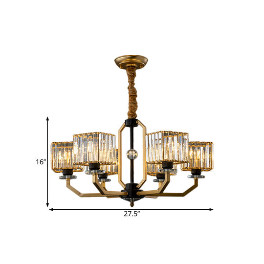 Brass Crystal Prisms Cube Chandelier - Minimalist Ceiling Pendant Light With Curved Arm 3/6/8-Bulb