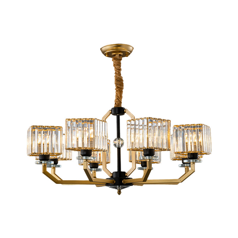 Brass Crystal Prisms Cube Chandelier - Minimalist Ceiling Pendant Light With Curved Arm 3/6/8-Bulb