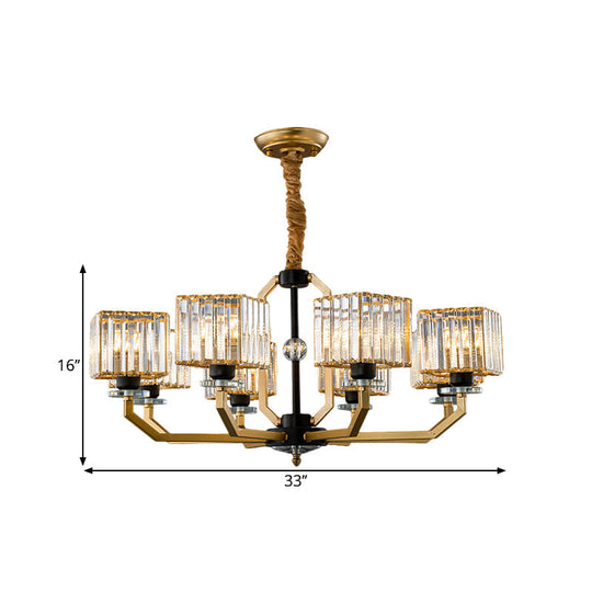 Brass Crystal Prisms Cube Chandelier - Minimalist Ceiling Pendant Light With Curved Arm 3/6/8-Bulb