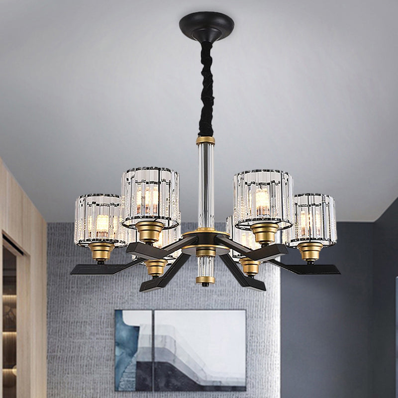 Black Crystal Cylinder Pendant Chandelier with 6/8 Bulbs for Living Room Ceiling – Simple, Stylish Fixture