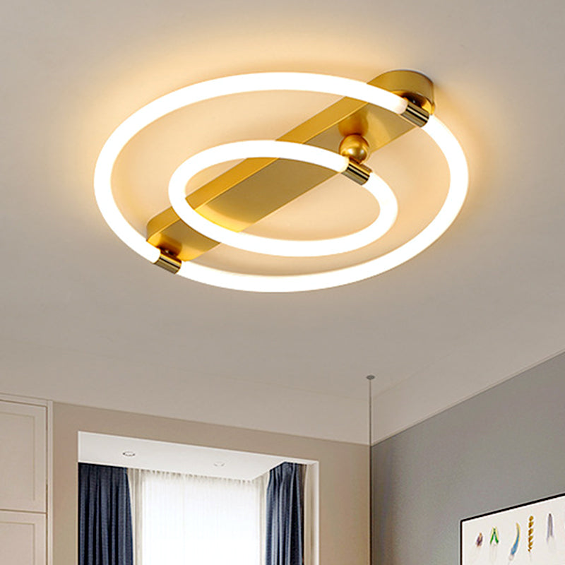 Contemporary Led Gold Ceiling Fixture - Iron Rings And Oblong Flush Lamp 16/19.5 W Warm/White Light