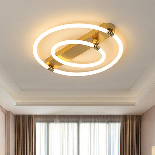 Contemporary Led Gold Ceiling Fixture - Iron Rings And Oblong Flush Lamp 16/19.5 W Warm/White Light