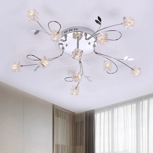 Sleek Chrome Cube Semi Flush Mount Modern Crystal Ceiling Lamp - 11/20-Light, Hand-Cut Crystals with Metal Leaf Deco