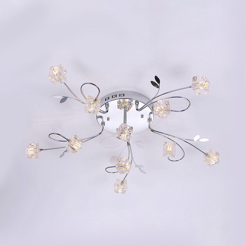 Sleek Chrome Cube Semi Flush Mount Modern Crystal Ceiling Lamp - 11/20-Light, Hand-Cut Crystals with Metal Leaf Deco