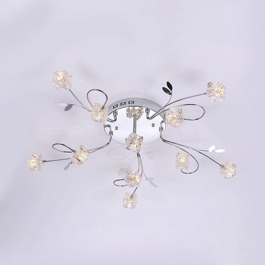 Sleek Chrome Cube Semi Flush Mount Modern Crystal Ceiling Lamp - 11/20-Light, Hand-Cut Crystals with Metal Leaf Deco