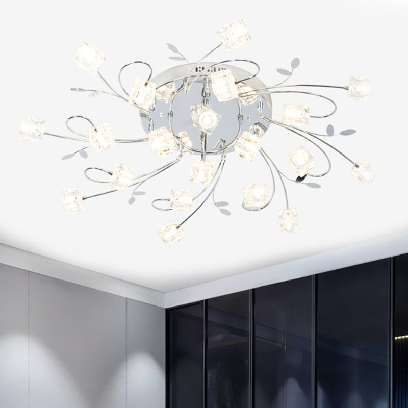 Sleek Chrome Cube Semi Flush Mount Modern Crystal Ceiling Lamp - 11/20-Light, Hand-Cut Crystals with Metal Leaf Deco