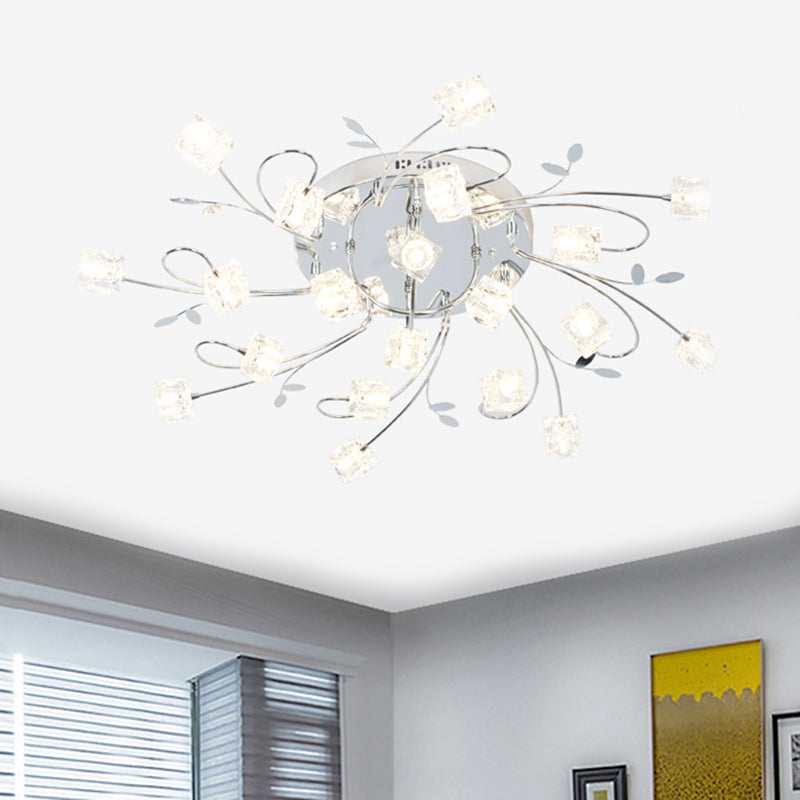 Sleek Chrome Cube Semi Flush Mount Modern Crystal Ceiling Lamp - 11/20-Light, Hand-Cut Crystals with Metal Leaf Deco