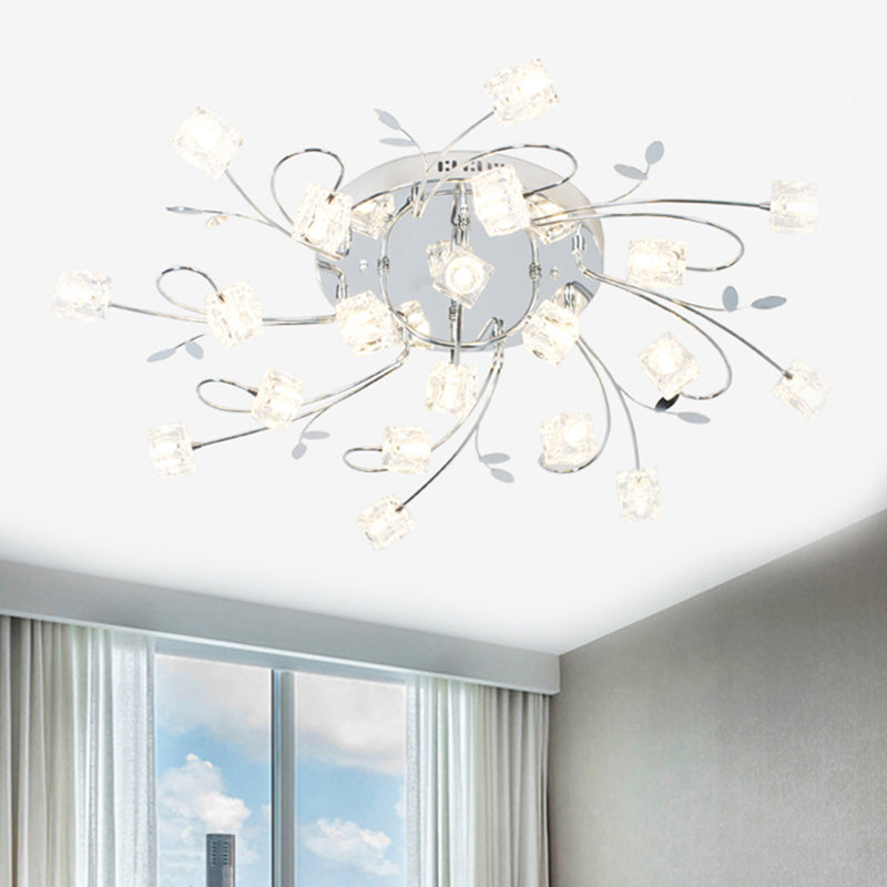 Sleek Chrome Cube Semi Flush Mount Modern Crystal Ceiling Lamp - 11/20-Light, Hand-Cut Crystals with Metal Leaf Deco