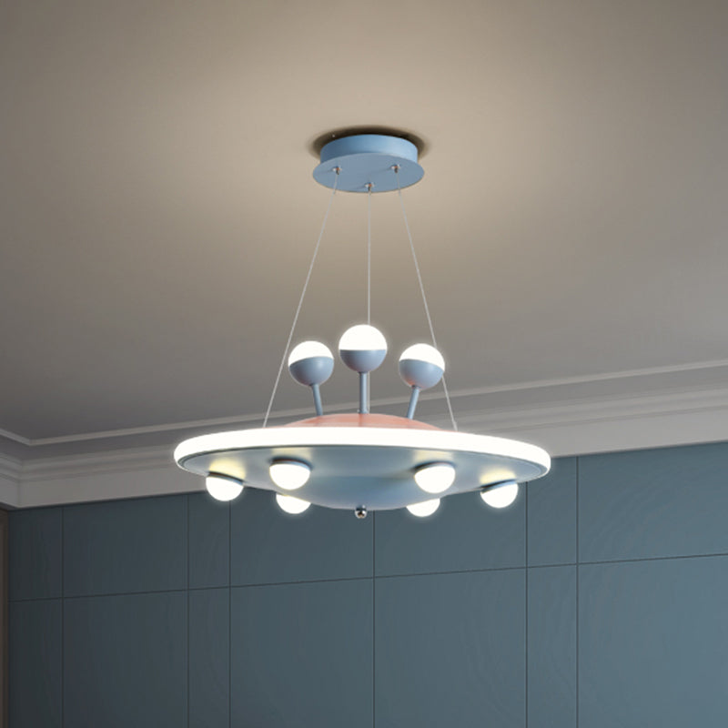 Kids Bedroom Ceiling Chandelier - Cartoon Ufo Metal Led Pendant Light In Pink/Blue Blue