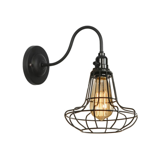 Industrial Cage Wall Sconce - 1 Bulb Metallic Lighting With Gooseneck Arm In Black