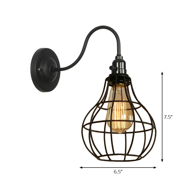 Industrial Cage Wall Sconce - 1 Bulb Metallic Lighting With Gooseneck Arm In Black