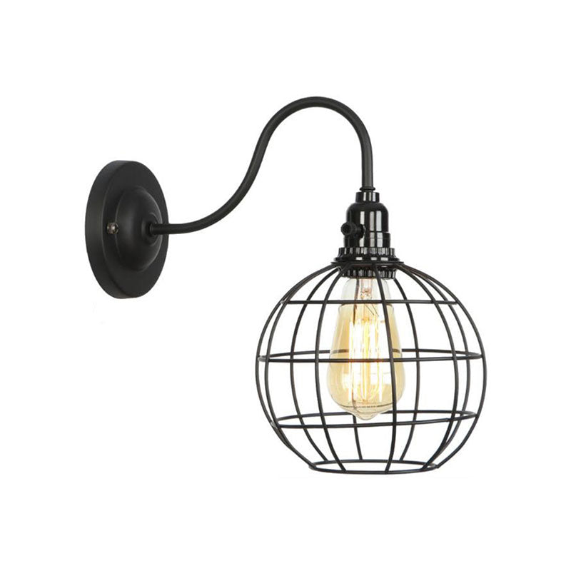 Industrial Cage Wall Sconce - 1 Bulb Metallic Lighting With Gooseneck Arm In Black