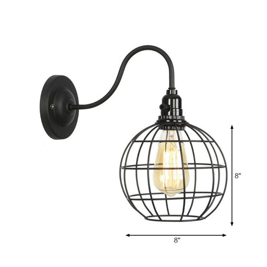 Industrial Cage Wall Sconce - 1 Bulb Metallic Lighting With Gooseneck Arm In Black