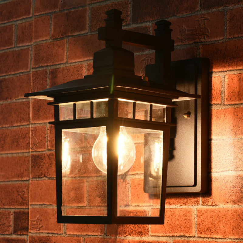 Black Industrial Lantern Wall Sconce - Clear Glass Hanging Light With Single Bulb For Porch