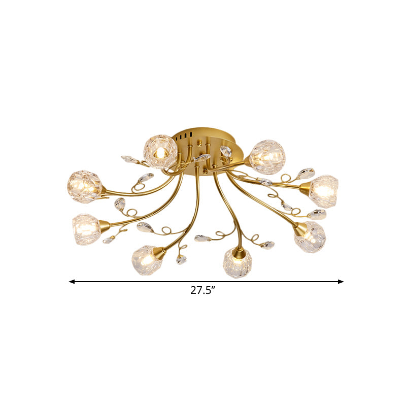 Gold Spherical Ceiling Light With Crystal Prisms - Simple Style 8 Bulbs Semi Mount Lighting