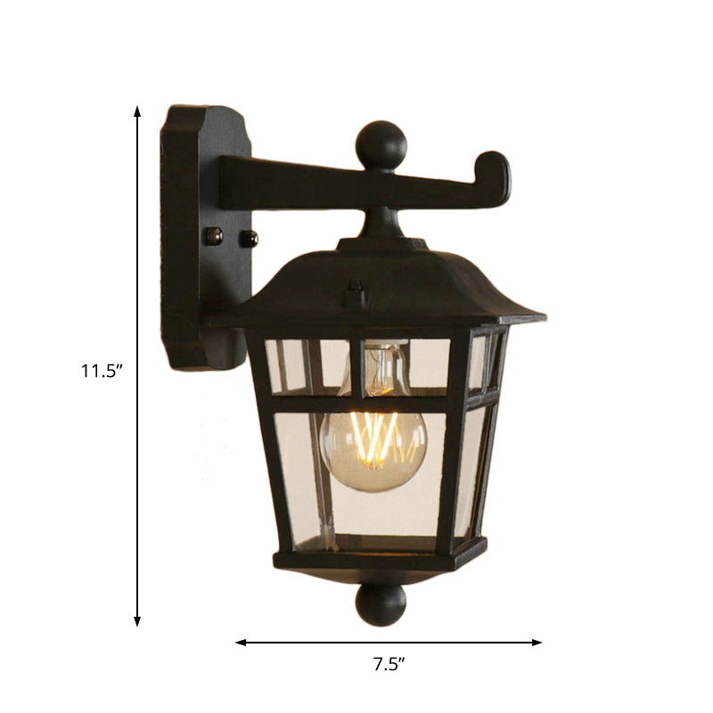 Black Industrial Lantern Wall Sconce - Clear Glass Hanging Light With Single Bulb For Porch