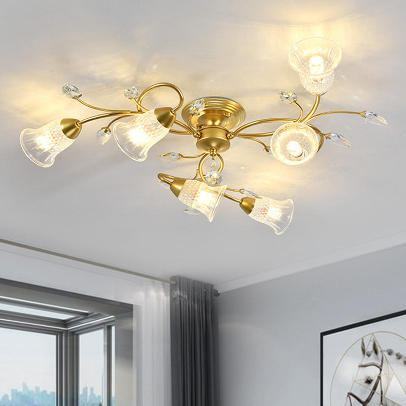 Minimalist Clear Crystal Ceiling Flush Mount Light With Flared Curved Arm And 6-Head Design