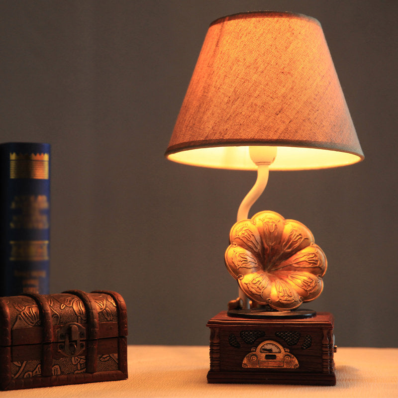 Modern Conical Table Lamp With Phonograph Base - Brown