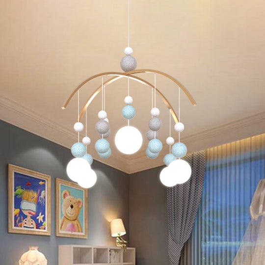 Cartoon White Glass Globe Chandelier Light With Pink/Blue Hanging Pendant - 5-Bulb Design Small Ball