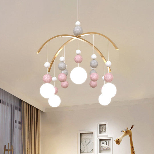 Cartoon White Glass Globe Chandelier Light With Pink/Blue Hanging Pendant - 5-Bulb Design Small Ball