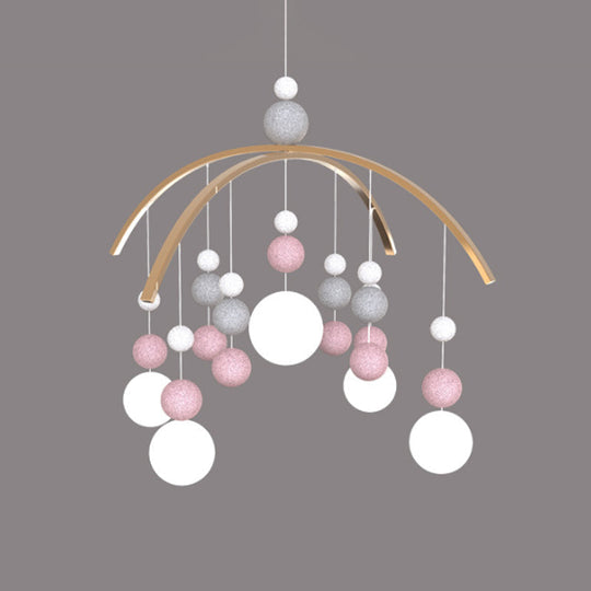 Cartoon White Glass Globe Chandelier Light With Pink/Blue Hanging Pendant - 5-Bulb Design Small Ball