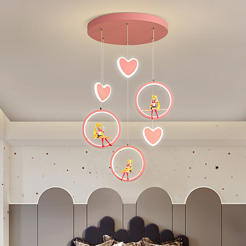 Childrens Acrylic Heart And Ring Chandelier - Pink/Blue Hanging Lamp With 3 Lights