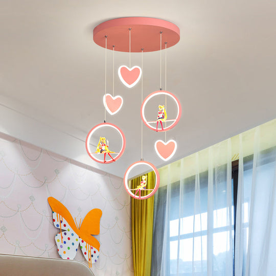 Childrens Acrylic Heart And Ring Chandelier - Pink/Blue Hanging Lamp With 3 Lights