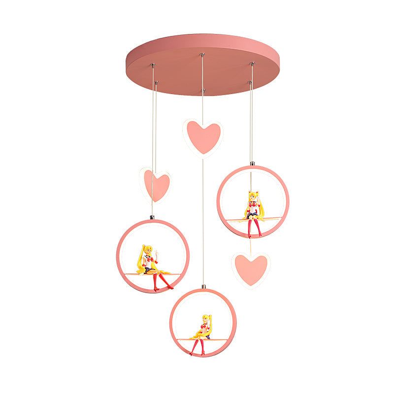 Childrens Acrylic Heart And Ring Chandelier - Pink/Blue Hanging Lamp With 3 Lights