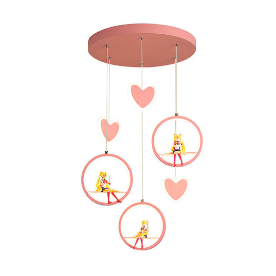 Childrens Acrylic Heart And Ring Chandelier - Pink/Blue Hanging Lamp With 3 Lights