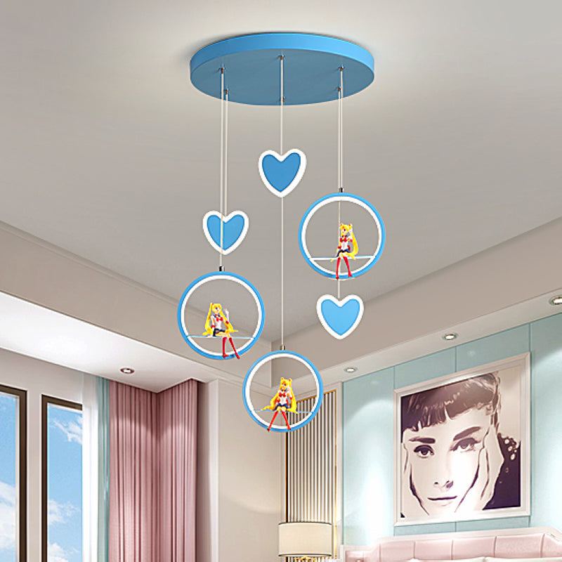 Childrens Acrylic Heart And Ring Chandelier - Pink/Blue Hanging Lamp With 3 Lights