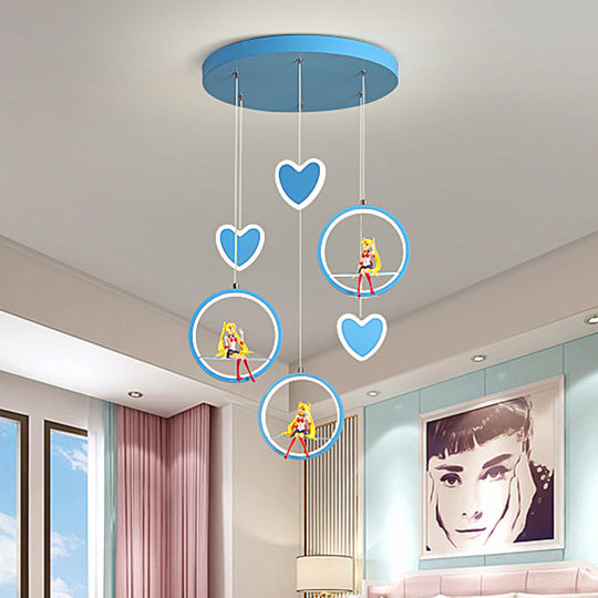 Childrens Acrylic Heart And Ring Chandelier - Pink/Blue Hanging Lamp With 3 Lights