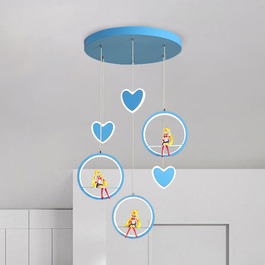 Childrens Acrylic Heart And Ring Chandelier - Pink/Blue Hanging Lamp With 3 Lights