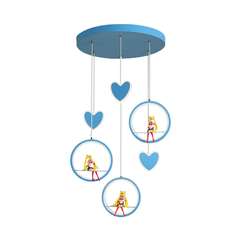 Childrens Acrylic Heart And Ring Chandelier - Pink/Blue Hanging Lamp With 3 Lights