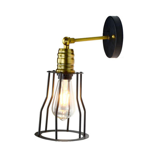 Farmhouse Iron Wall Sconce Lighting With Adjustable Brass Cage Shade - Perfect For Dining Room