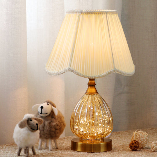 Contemporary Scalloped Fabric Table Light With Brass Glass Body - White Reading Lamp / B