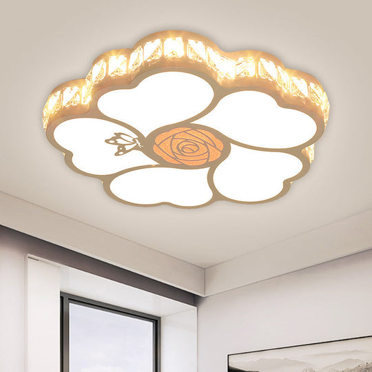 Modern LED Flush Mount Ceiling Light with Crystal Shade - White Flower Design