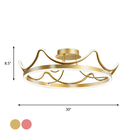 Kids LED Flush Mount Ceiling Lamp with Pink/Gold Metal Crown - Close to Ceiling Lighting