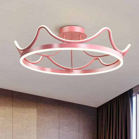 Kids LED Flush Mount Ceiling Lamp with Pink/Gold Metal Crown - Close to Ceiling Lighting