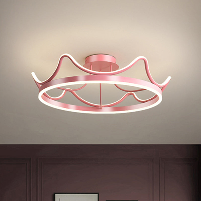 Kids LED Flush Mount Ceiling Lamp with Pink/Gold Metal Crown - Close to Ceiling Lighting