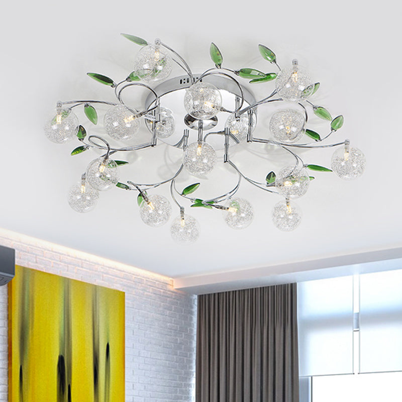 Semi Mount Green Crystal Lighting - Modern Ceiling Flush with 15 Lights, Clear Glass Shade in Chrome