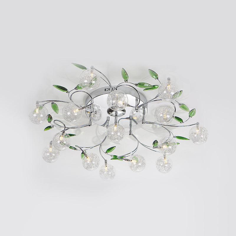 Semi Mount Green Crystal Lighting - Modern Ceiling Flush with 15 Lights, Clear Glass Shade in Chrome