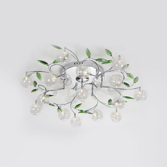 Semi Mount Green Crystal Lighting - Modern Ceiling Flush With 15 Lights Clear Glass Shade In Chrome