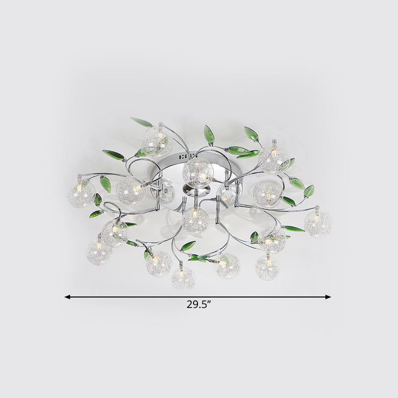 Semi Mount Green Crystal Lighting - Modern Ceiling Flush with 15 Lights, Clear Glass Shade in Chrome