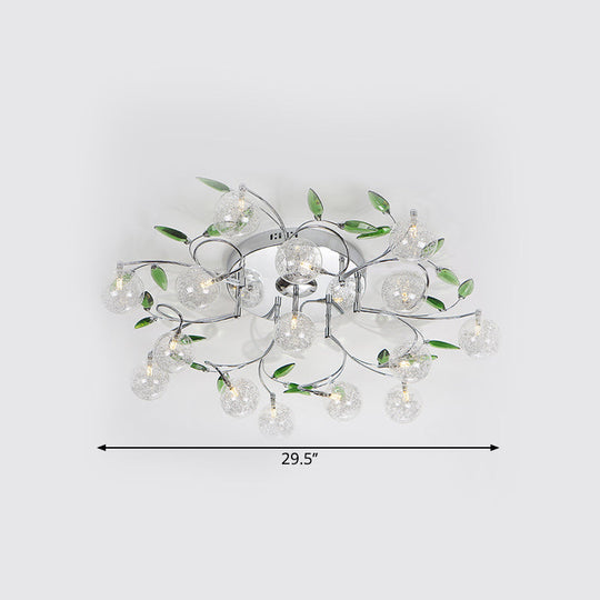 Semi Mount Green Crystal Lighting - Modern Ceiling Flush with 15 Lights, Clear Glass Shade in Chrome