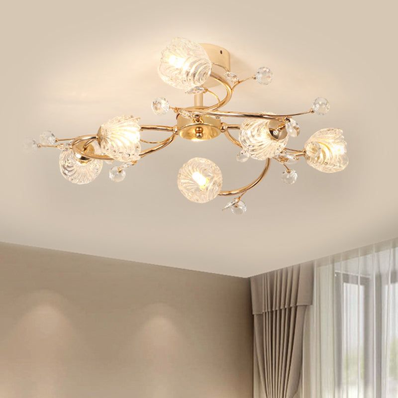 Minimalist Gold Ceiling Light Fixture with Bloom Clear Crystal Shade - 6-Head Bedroom Semi Flush