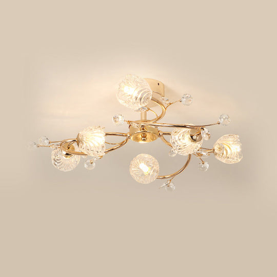 Minimalist Gold Ceiling Light Fixture with Bloom Clear Crystal Shade - 6-Head Bedroom Semi Flush