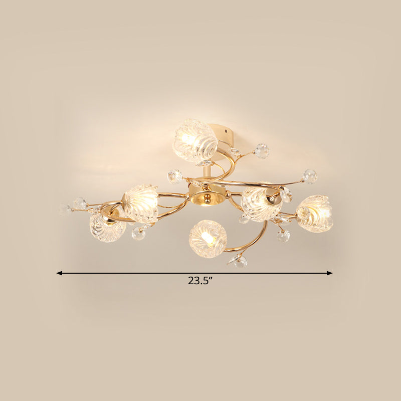 Minimalist Gold Ceiling Light Fixture with Bloom Clear Crystal Shade - 6-Head Bedroom Semi Flush