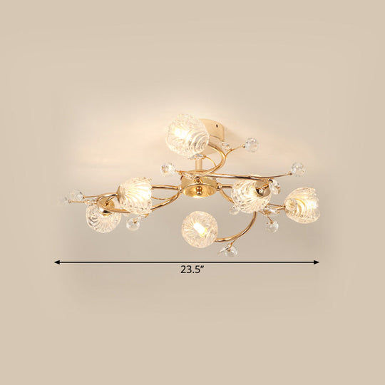 Minimalist Gold Ceiling Light Fixture with Bloom Clear Crystal Shade - 6-Head Bedroom Semi Flush