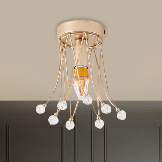 Minimalist Brass Crown Ceiling Light with Crystal Orbs - Semi Flush Mount