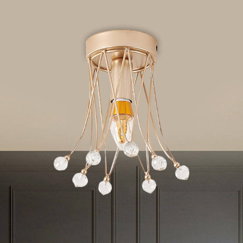 Minimalist Brass Crown Ceiling Light With Crystal Orbs - Semi Flush Mount 1 /